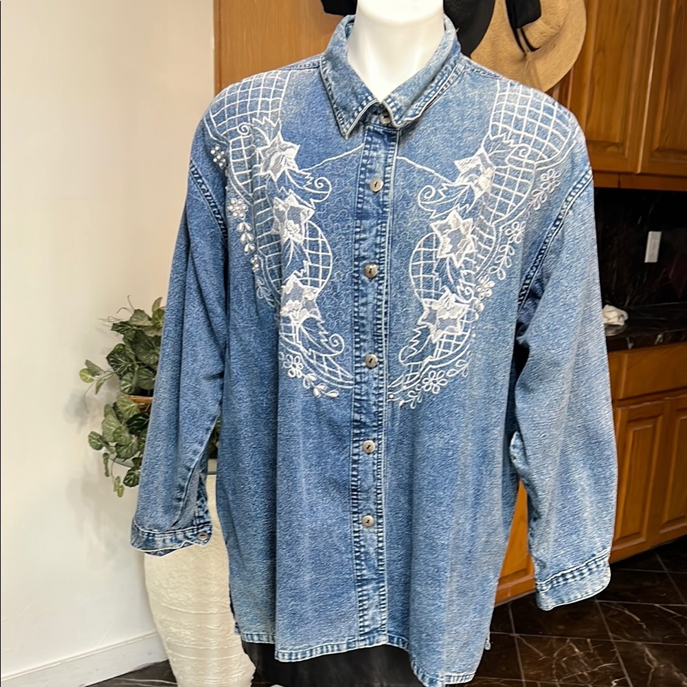 Vintage oversized Blue and White Embellished  Button Down Shirt
